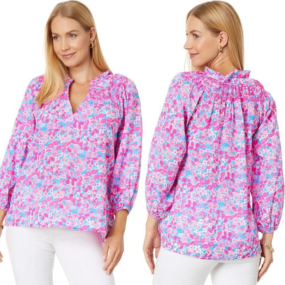Lilly Pulitzer Lourdes Pink Baby Bloomer Floral 3/4 Sleeve Cotton Blouse Small
